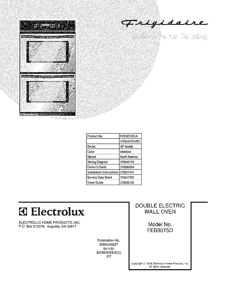 COVER Diagram and Parts List for FEB30T5DCA  Frigidaire Wall Oven