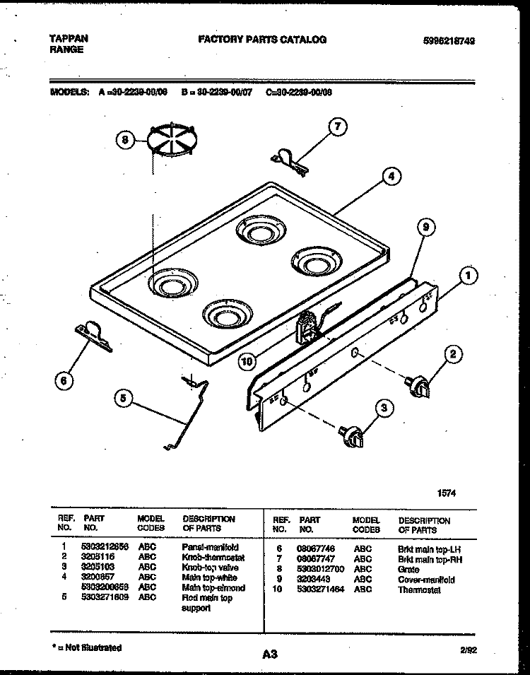 COOKTOP PARTS Diagram and Parts List for 30-2239-00-07  Tappan Range
