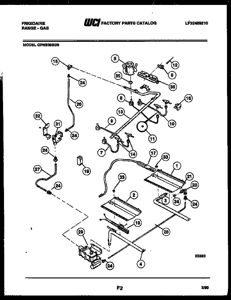 BURNER, MANIFOLD AND GAS CONTROL Diagram and Parts List for GPM638BDL9  Frigidaire Range
