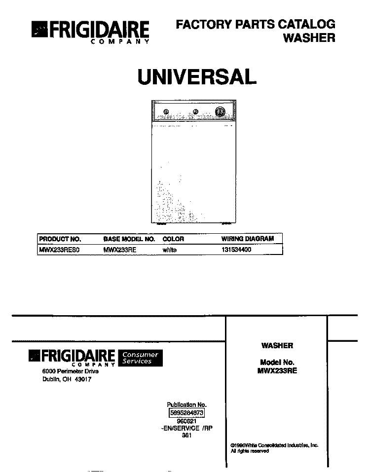 COVER Diagram and Parts List for MWX233RES0  Frigidaire Washer