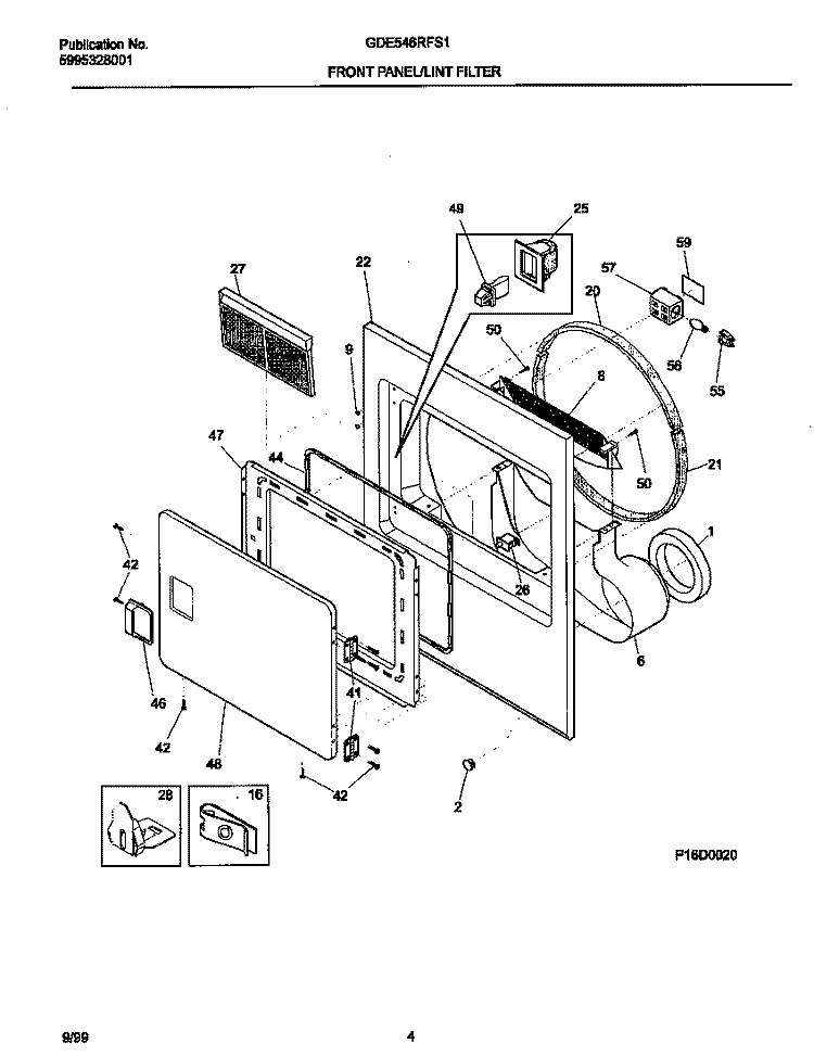 P16D0020 FRNT PNL, DOOR Diagram and Parts List for GDE546RFS1  Gibson Dryer