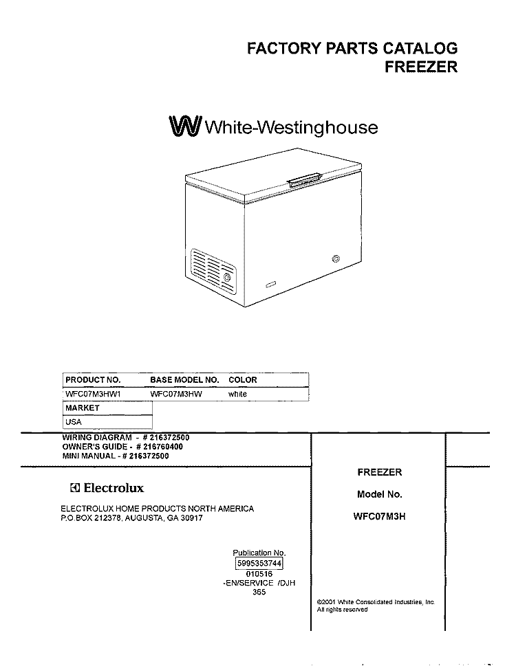 COVER Diagram and Parts List for WFC07M3HW1  Westinghouse Freezer
