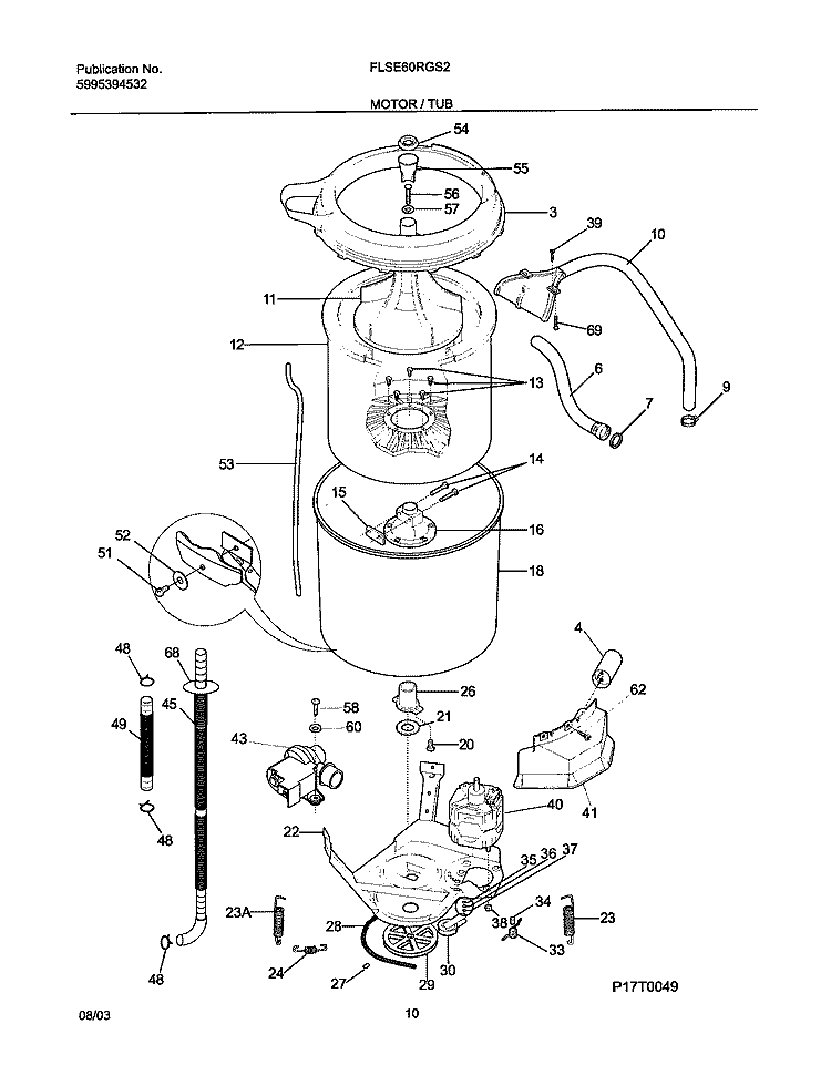 MOTOR / TUB Diagram and Parts List for FLSE60RGS2  Frigidaire Washer Dryer Combo