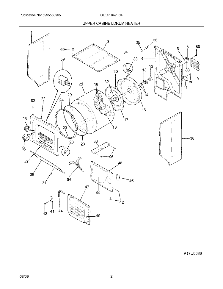 UPPER CABINET/DRUM HEATER Diagram and Parts List for GLEH1642FS4  Frigidaire Washer Dryer Combo