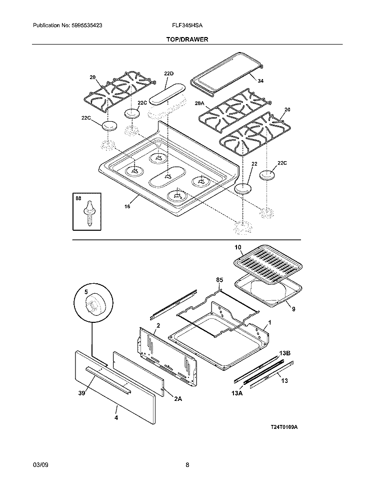 TOP/DRAWER Diagram and Parts List for FLF345HSA  Frigidaire Range