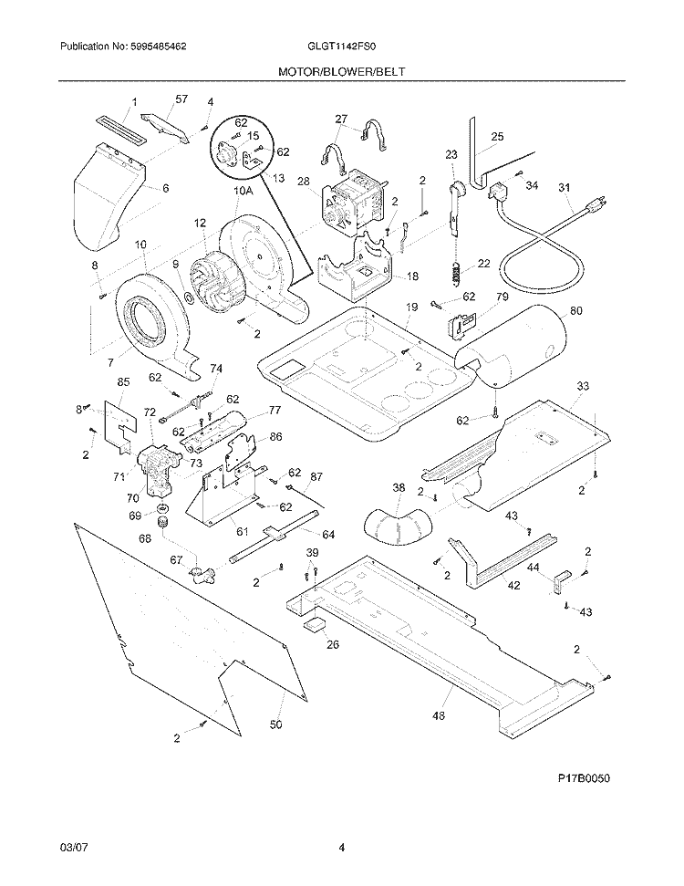 MOTOR / BLOWER / BELT Diagram and Parts List for GLGT1142FS0  Frigidaire Washer Dryer Combo