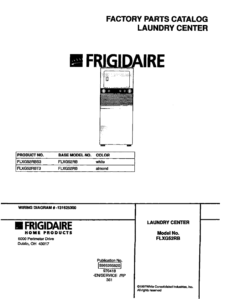 COVER Diagram and Parts List for FLXG52RBT3  Frigidaire Washer Dryer Combo