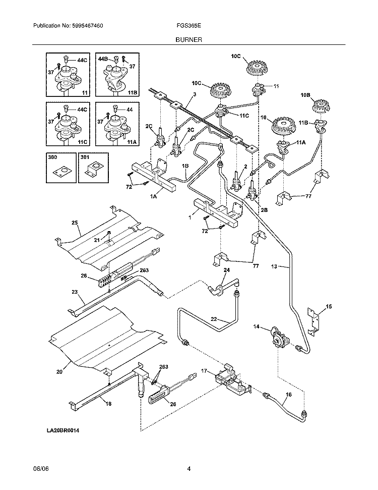 BURNER Diagram and Parts List for FGS365EBC  Frigidaire Range