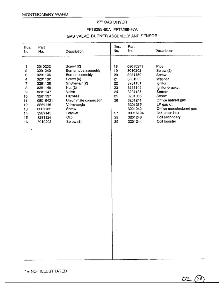 Gas Valve/burner/sensor Page 2 Diagram and Parts List for 8289-80A  Frigidaire Dryer