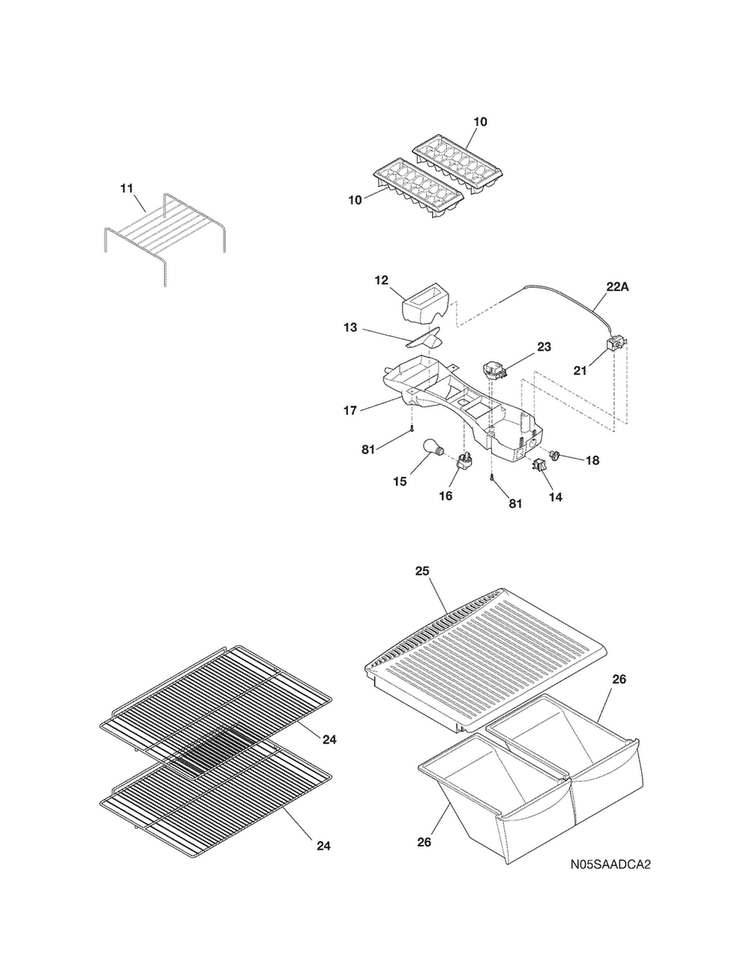 Shelves Diagram and Parts List for 2536155401A  Kenmore Refrigerator