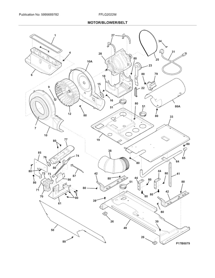 Motor/blower/belt Diagram and Parts List for FFLG2022MW3  Frigidaire Washer Dryer Combo