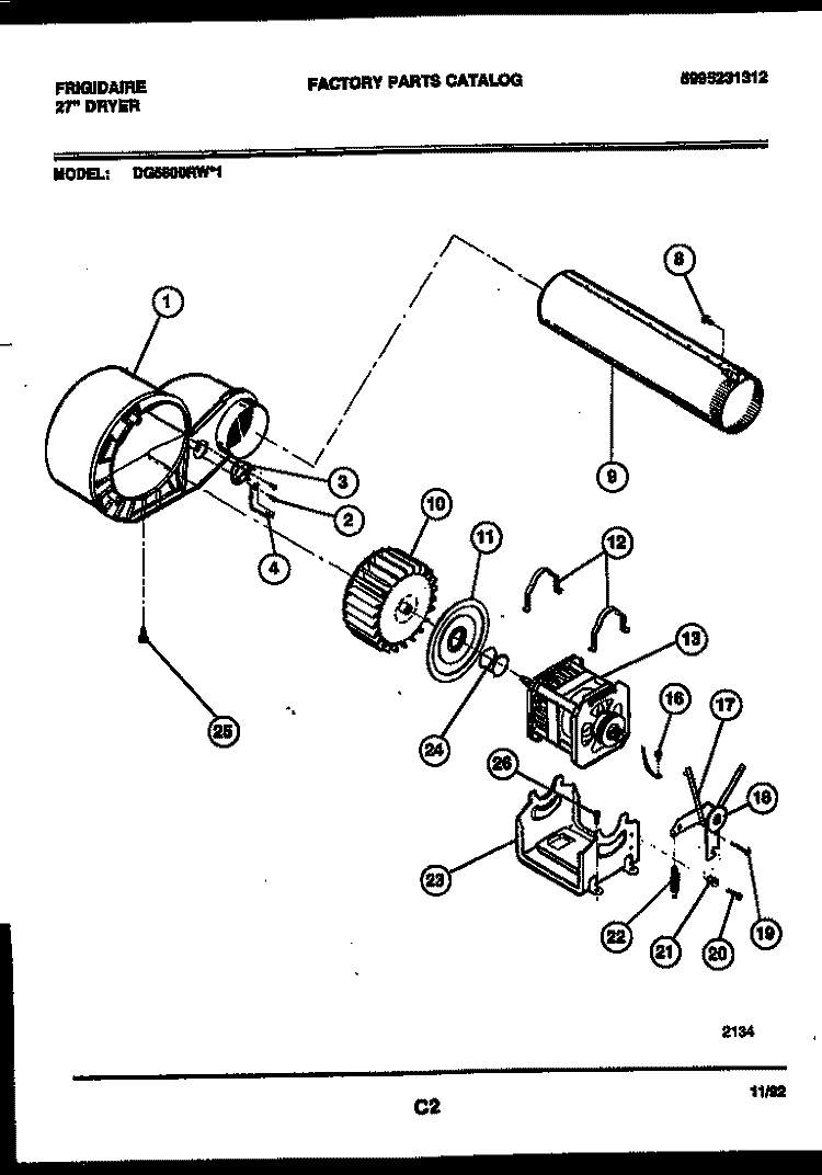 BLOWER AND DRIVE PARTS Diagram and Parts List for DG5800RW1  Frigidaire Dryer