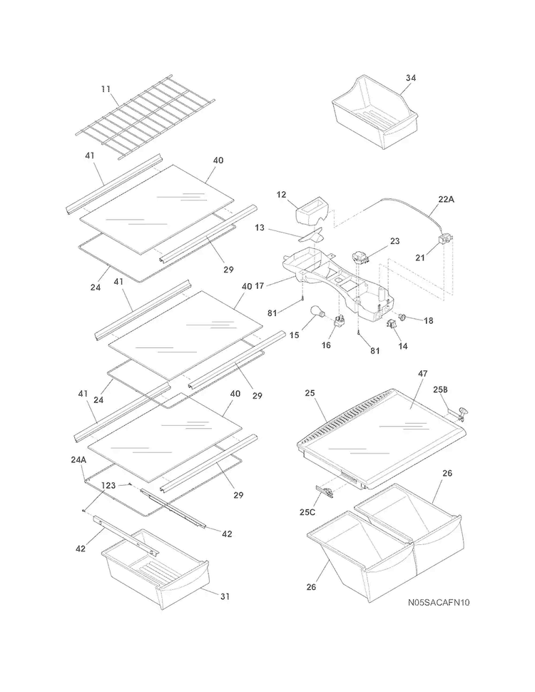 Shelves Diagram and Parts List for FFHI1817LS9  Frigidaire Refrigerator