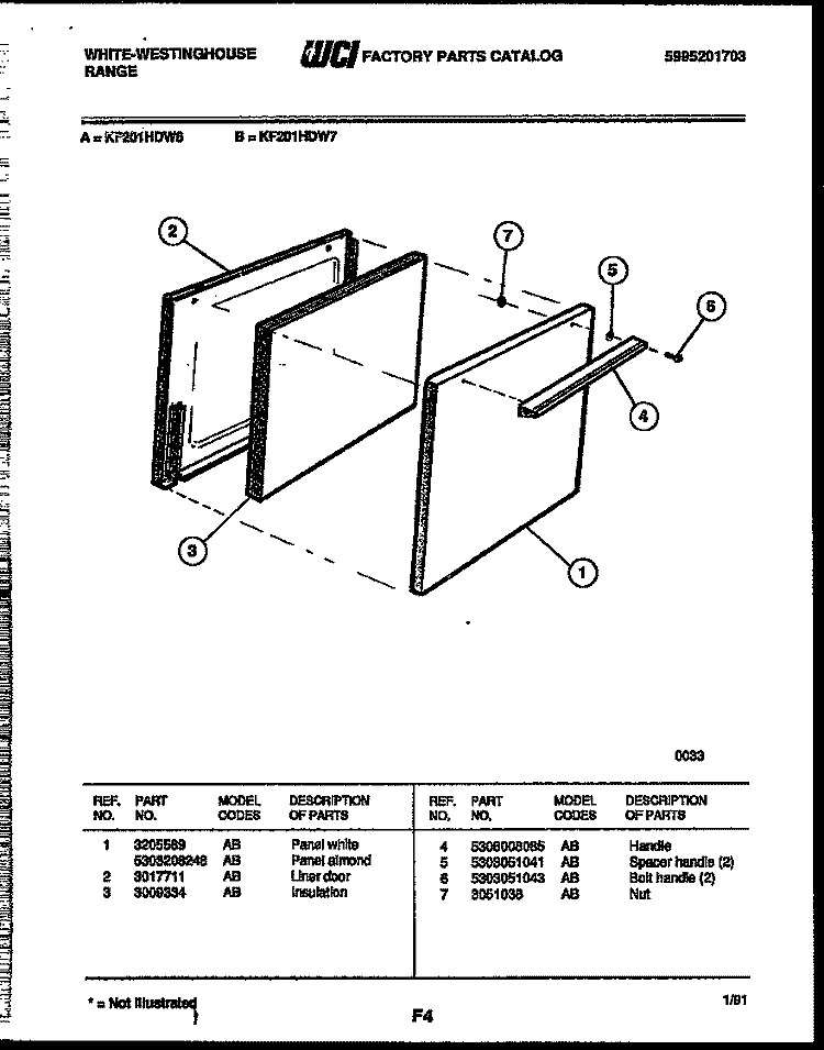 DOOR PARTS Diagram and Parts List for KF201HDW7  Frigidaire Range