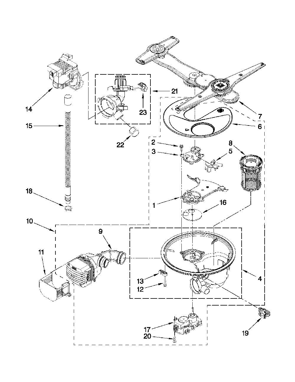 Pump, Washarm And Motor Diagram and Parts List for 66513963K017  Kenmore Dishwasher