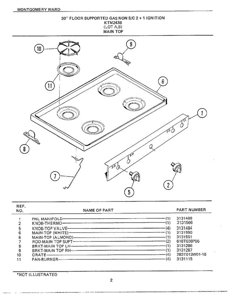 30` Floor Main Top Diagram and Parts List for 2438A  Frigidaire Range