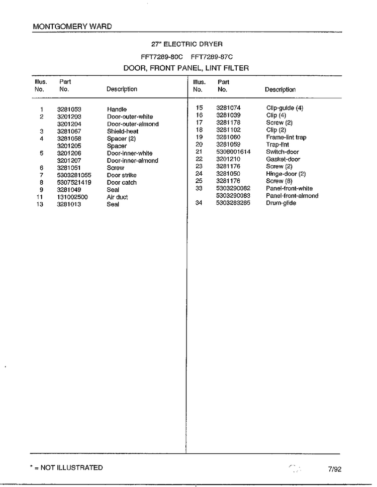 Door, Front Panel, Lint Filter Page 2 Diagram and Parts List for 7289-87C  Frigidaire Dryer