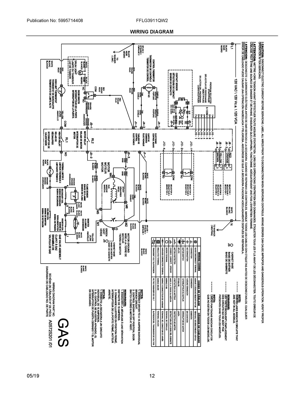 Wiring Diagram Diagram and Parts List for FFLG3911QW2  Frigidaire Washer Dryer Combo