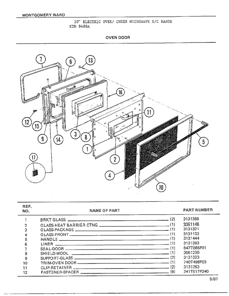 Oven Door Diagram and Parts List for 8488A  Frigidaire Range