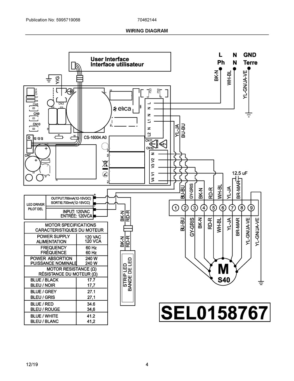 Wiring Diagram Diagram and Parts List for 70462144  Frigidaire Range Hood