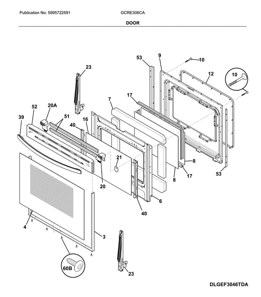 Door Diagram and Parts List for GCRE306CADC  Frigidaire Range