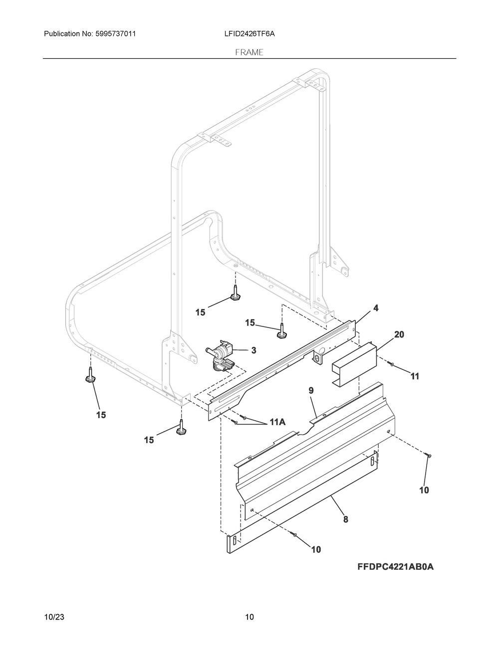 Frame Diagram and Parts List for LFID2426TF6A  Frigidaire Dishwasher