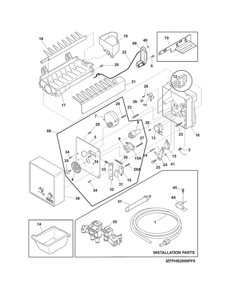 Freezer Ice Maker Diagram and Parts List for FPHB2899PF1  Frigidaire Refrigerator