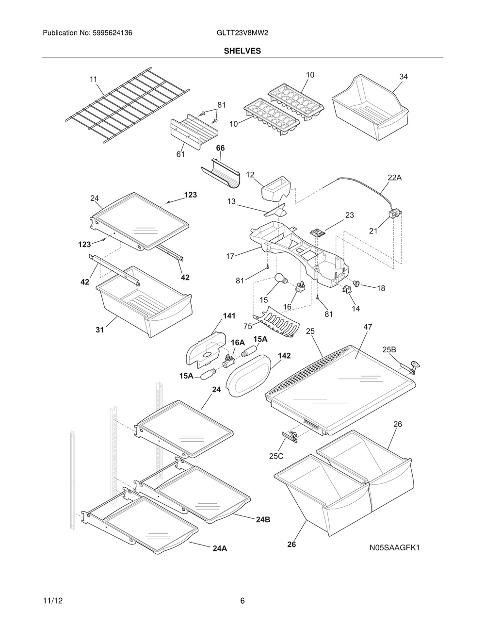Shelves Diagram and Parts List for GLTT23V8MW2  Frigidaire Refrigerator