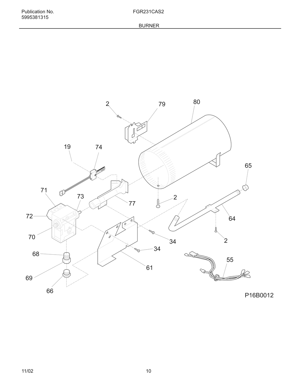 Burner Diagram and Parts List for FGR231CAS2  Frigidaire Dryer