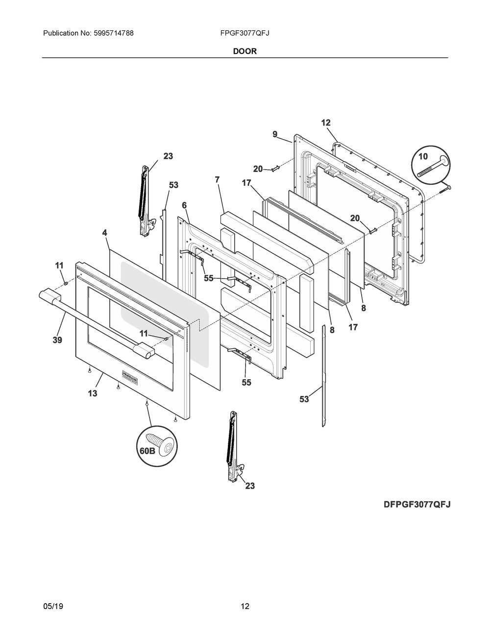 Door Diagram and Parts List for FPGF3077QFJ  Frigidaire Range