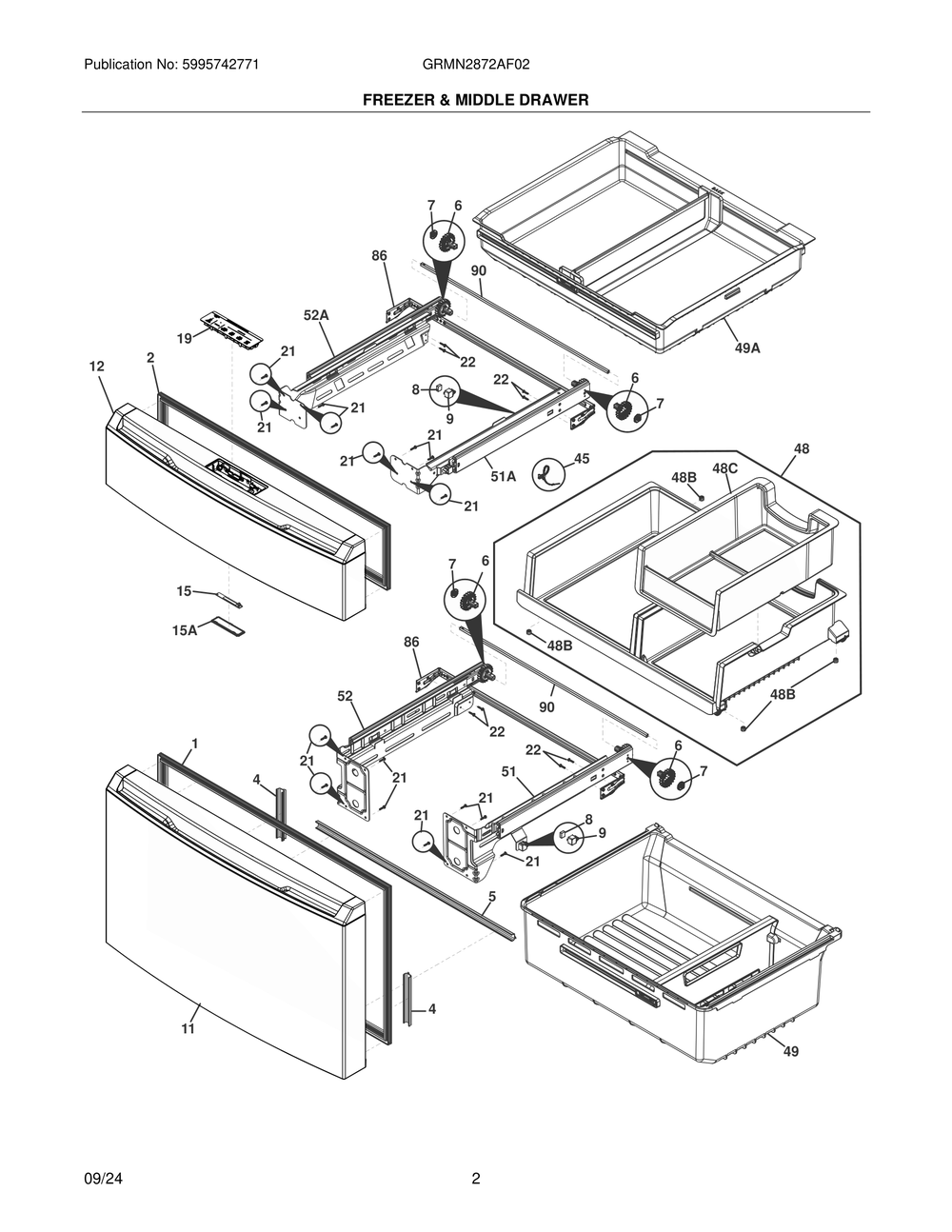Freezer And Middle Drawer Diagram and Parts List for GRMN2872AF02  Frigidaire Refrigerator
