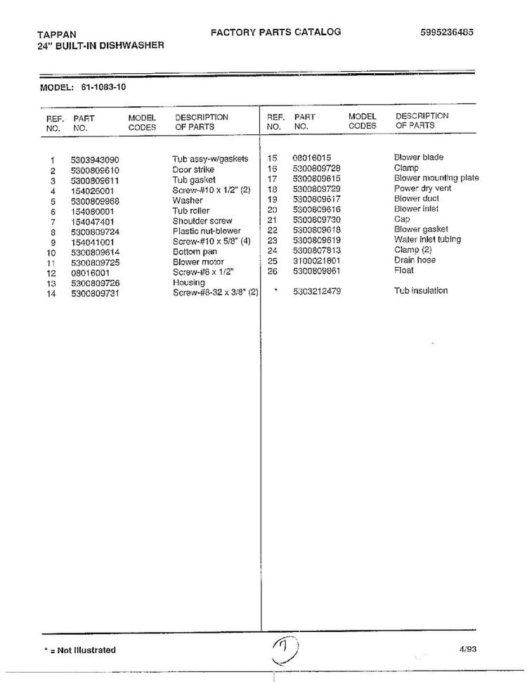 Parts List Diagram and Parts List for 61-1083-10  Frigidaire Dishwasher