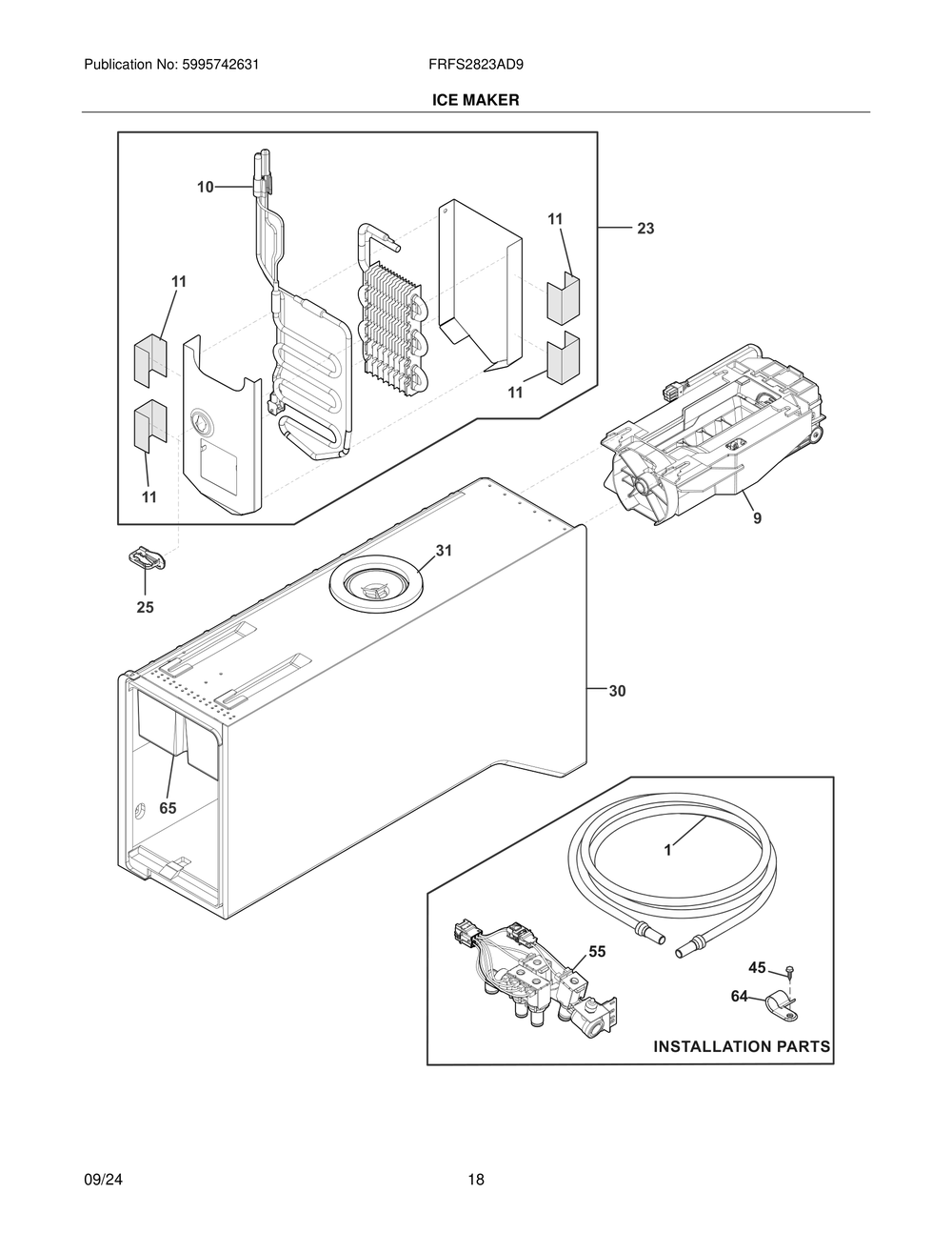 Ice Maker Diagram and Parts List for FRFS2823AD9  Frigidaire Refrigerator