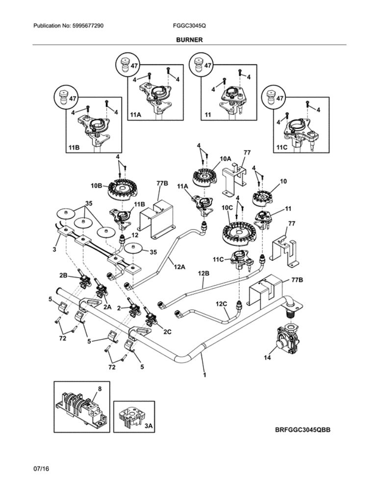 Burners Diagram and Parts List for FGGC3045QSB  Frigidaire Cooktop
