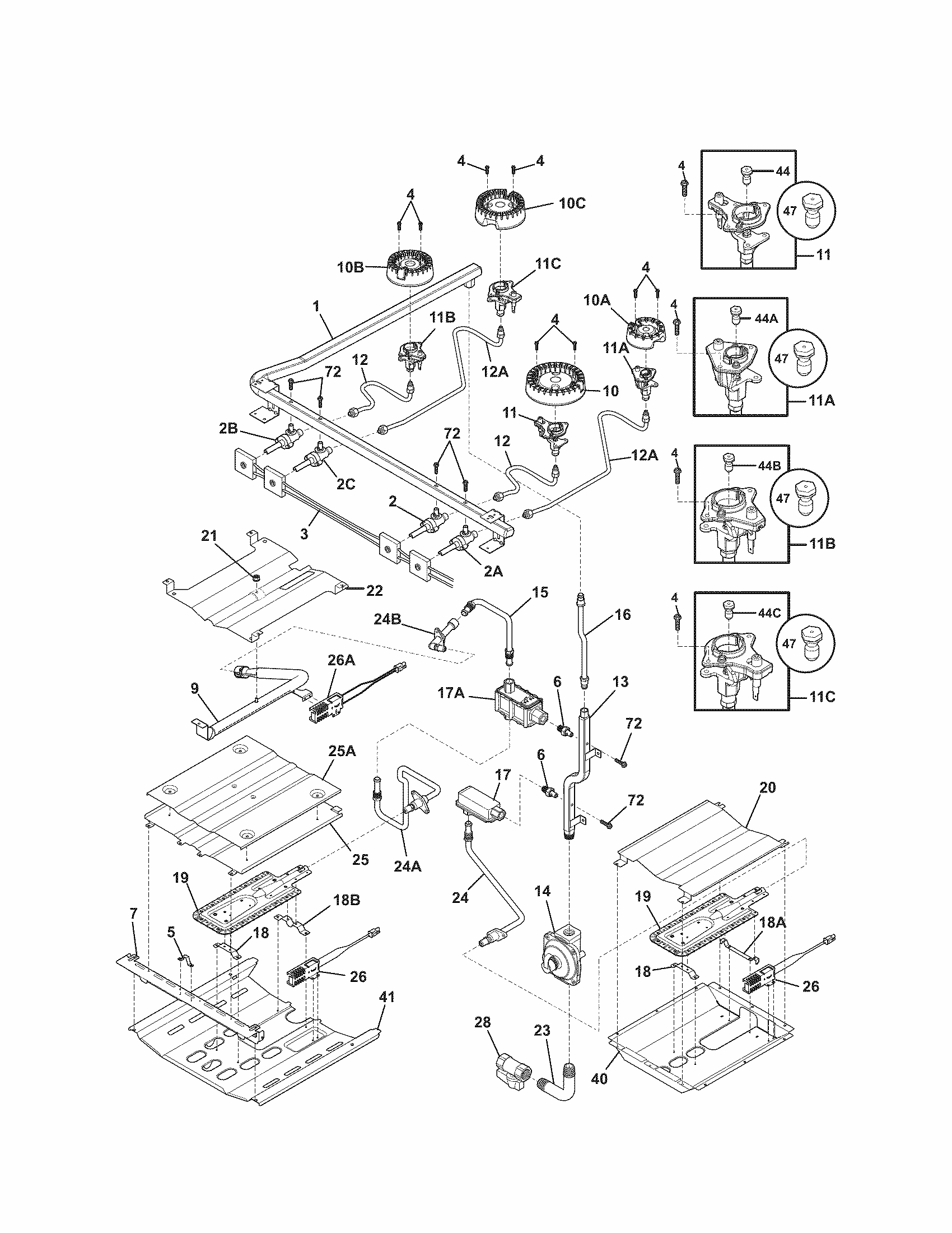 Burner Diagram and Parts List for 79078019002  Kenmore Range