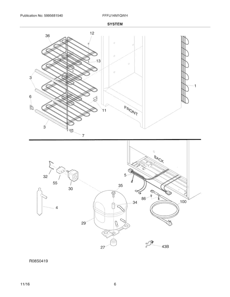 System Diagram and Parts List for FFFU14M1QWH  Frigidaire Freezer
