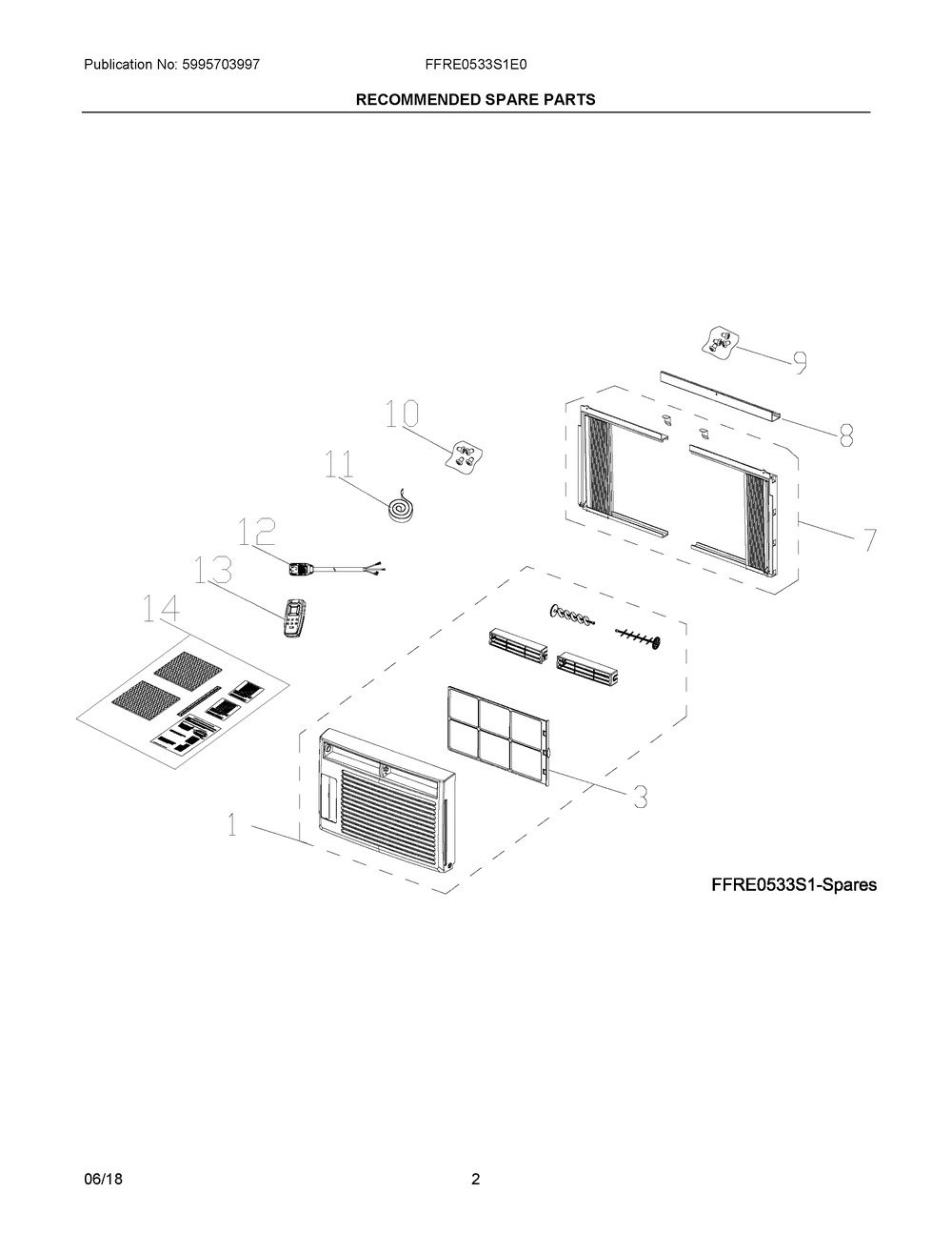 Recommended Spare Parts Diagram and Parts List for FFRE0533S1E0  Frigidaire Air Conditioner