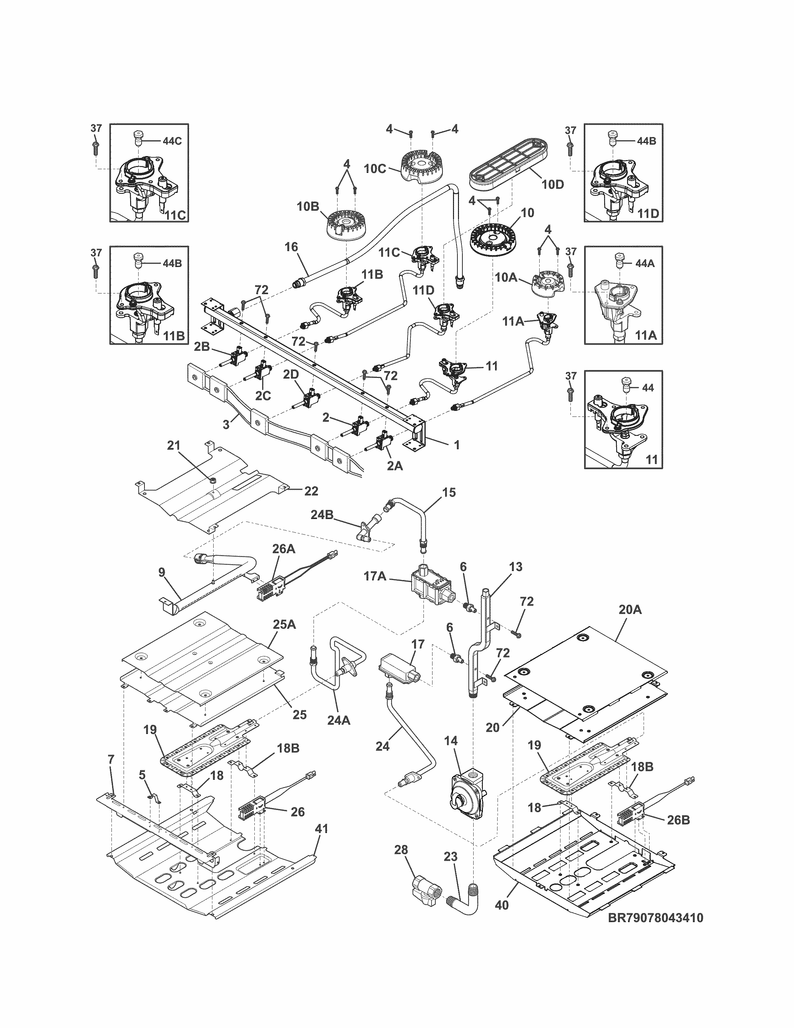 Burner Diagram and Parts List for 79078042411  Kenmore Range
