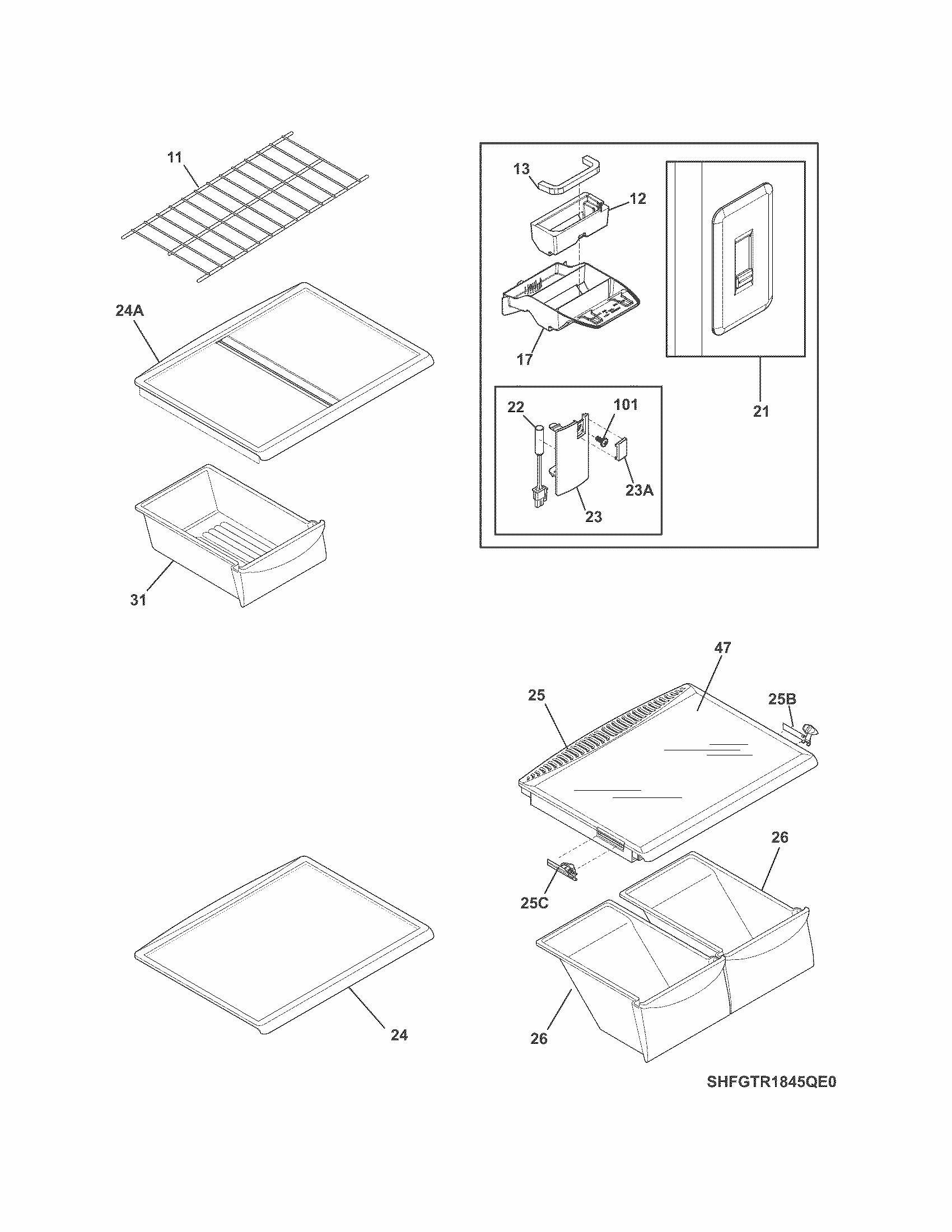 Shelves Diagram and Parts List for FGTR2044QP1  Frigidaire Refrigerator