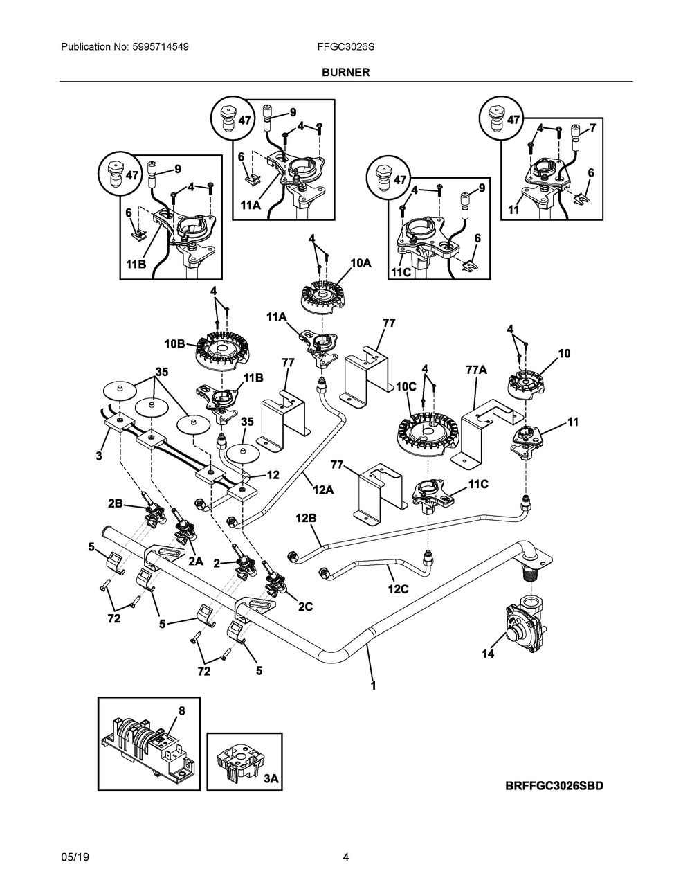 Burner Diagram and Parts List for FFGC3026SBE  Frigidaire Cooktop
