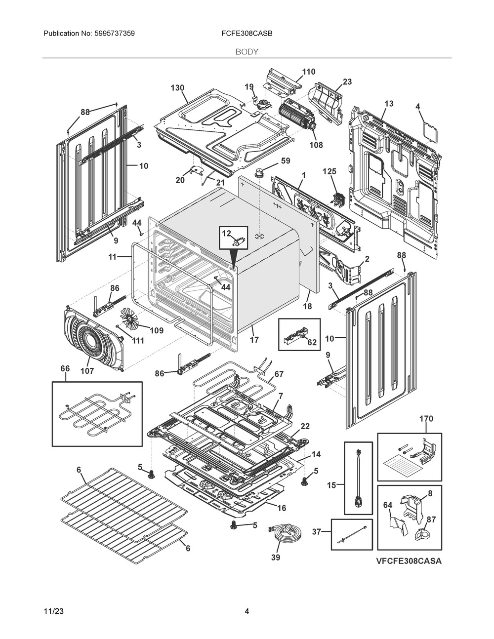 Body Diagram and Parts List for FCFE308CASB  Frigidaire Range