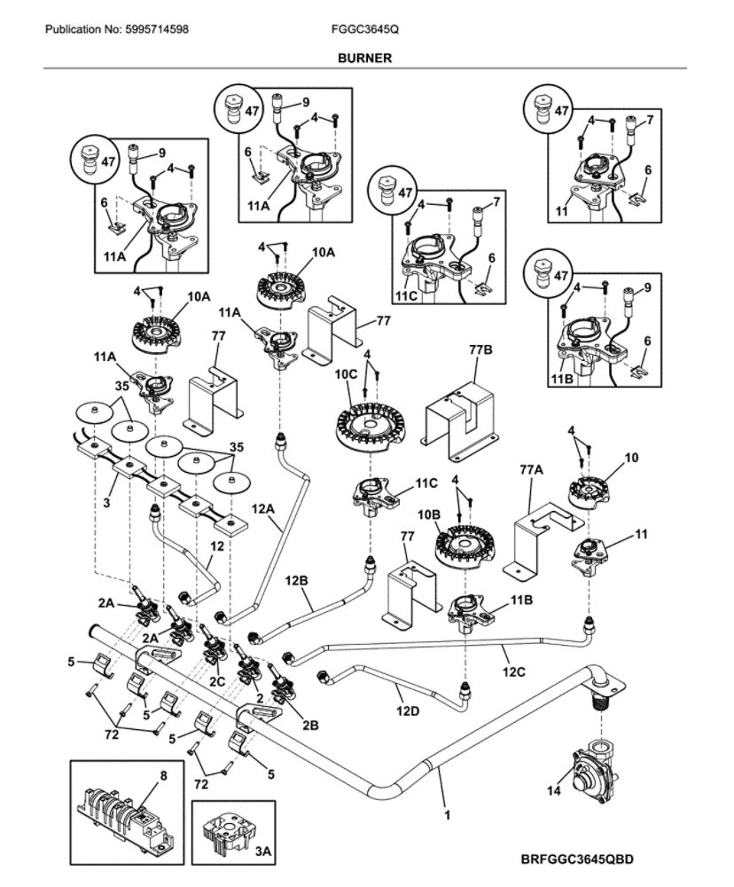 Burner Diagram and Parts List for FGGC3645QBE  Frigidaire Cooktop