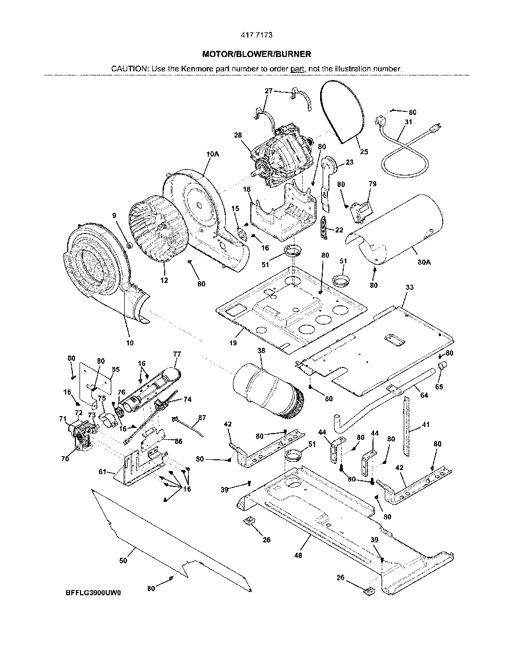 Motor/blower/burner Diagram and Parts List for 41771733810  Kenmore Washer Dryer Combo