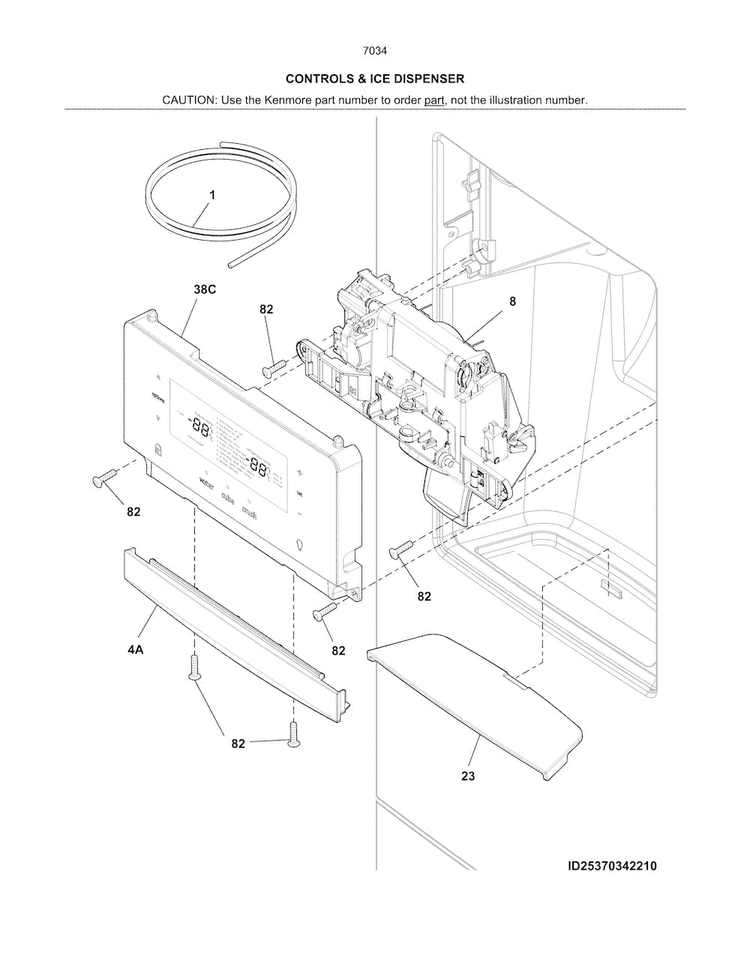 Controls & Ice Dispenser Diagram and Parts List for 2537034241B  Kenmore Refrigerator
