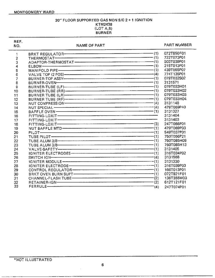 30` Floor Burner Page 2 Diagram and Parts List for 2438A  Frigidaire Range