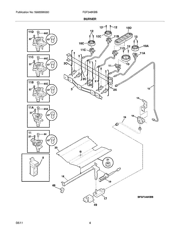 BURNER Diagram and Parts List for FGF348KBB  Frigidaire Range