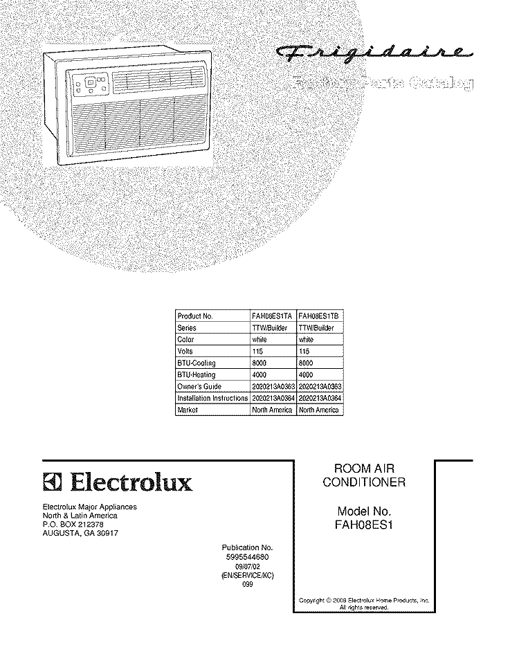 COVER Diagram and Parts List for FAH08ES1TA  Frigidaire Air Conditioner