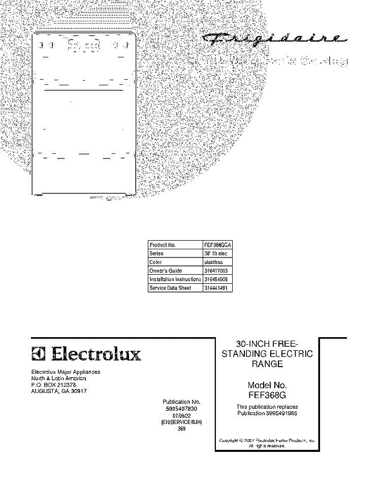 COVER Diagram and Parts List for FEF368GCA  Frigidaire Range