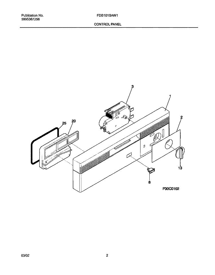 CONTROL PANEL Diagram and Parts List for FDB101SAW1  Frigidaire Dishwasher