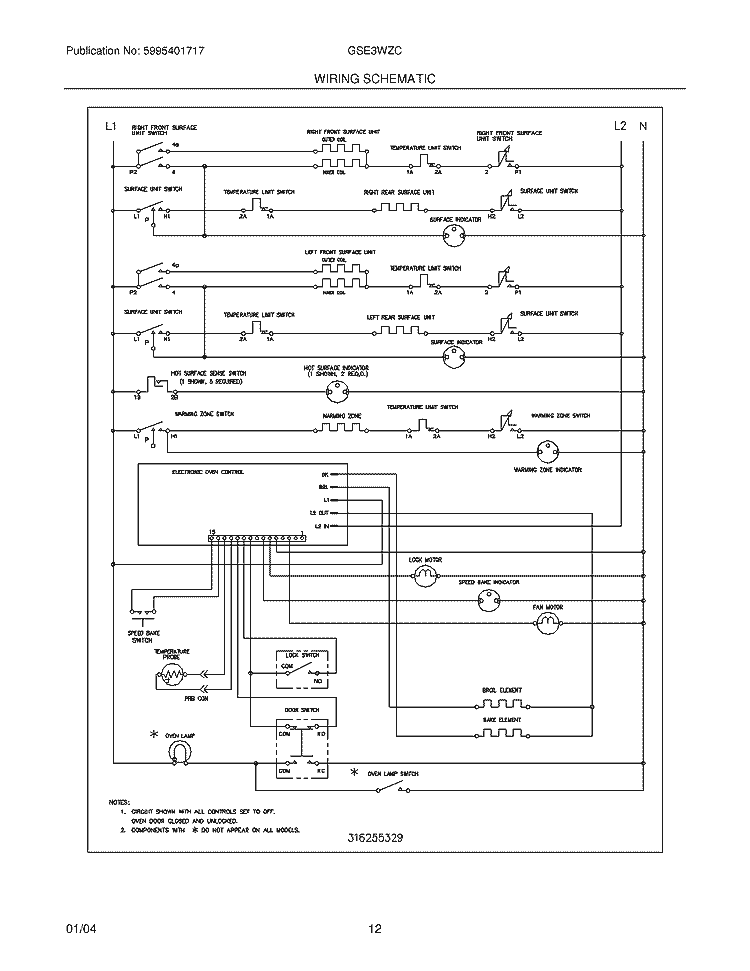 WIRING SCHEMATIC Diagram and Parts List for GSE3WZCSD  Frigidaire Range